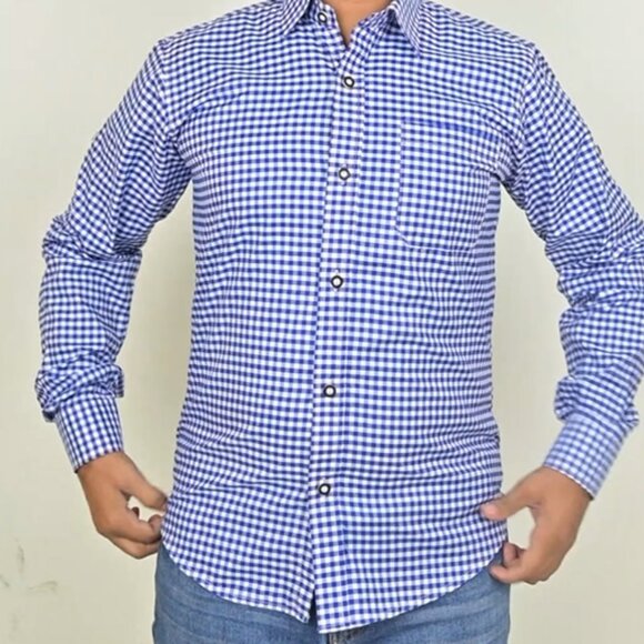 Bavarian Blue Checked Button Down Shirt | Oktoberfest Outfit | Traditional Style - Picture 1 of 9